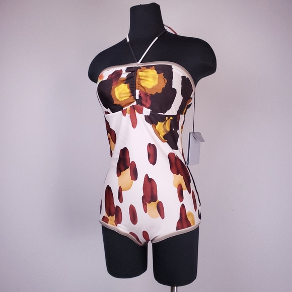 NWT CHRIS BENZ strapless mod print swimsuit - Picture 1 of 7